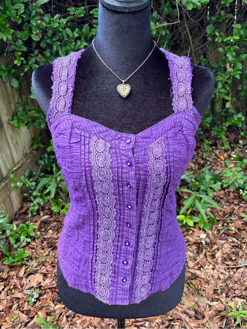 Royal Purple Button-Up Blouse with Lace Detailing